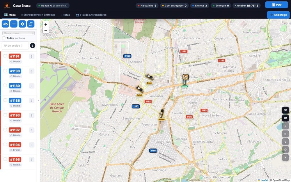 Mapa com entregadores